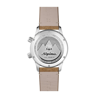Alpina Men's Heritage Diver 300 Automatic Stainless Steel Watch with Black Dial & Brown Leather Strap close-up detail