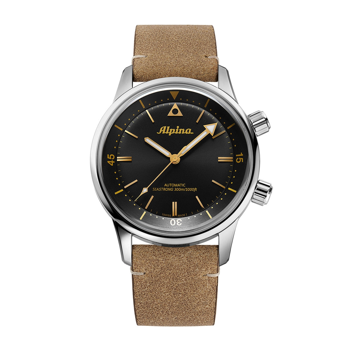Alpina Men's Heritage Diver 300 Automatic Stainless Steel Watch with Black Dial & Brown Leather Strap