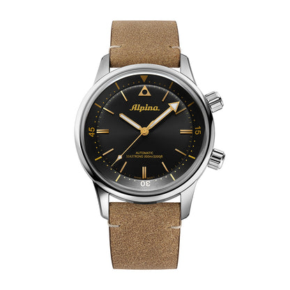 Alpina Men's Heritage Diver 300 Automatic Stainless Steel Watch with Black Dial & Brown Leather Strap