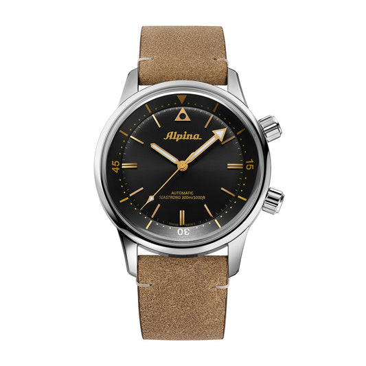Alpina Men's Heritage Diver 300 Automatic Stainless Steel Watch with Black Dial & Brown Leather Strap
