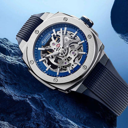Alpina Men's Alpiner Extreme Skeleton Automatic Stainless Steel Watch with Blue Dial & Rubber Strap side profile