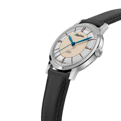 Alpina Heritage Automatic Stainless Steel Watch with Silver & Beige Dial & Black Leather Strap front view