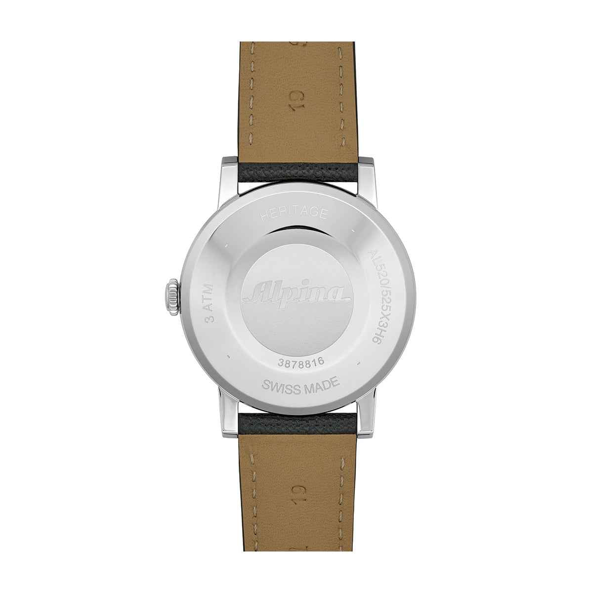 Alpina Heritage Automatic Stainless Steel Watch with Silver & Beige Dial & Black Leather Strap close-up detail
