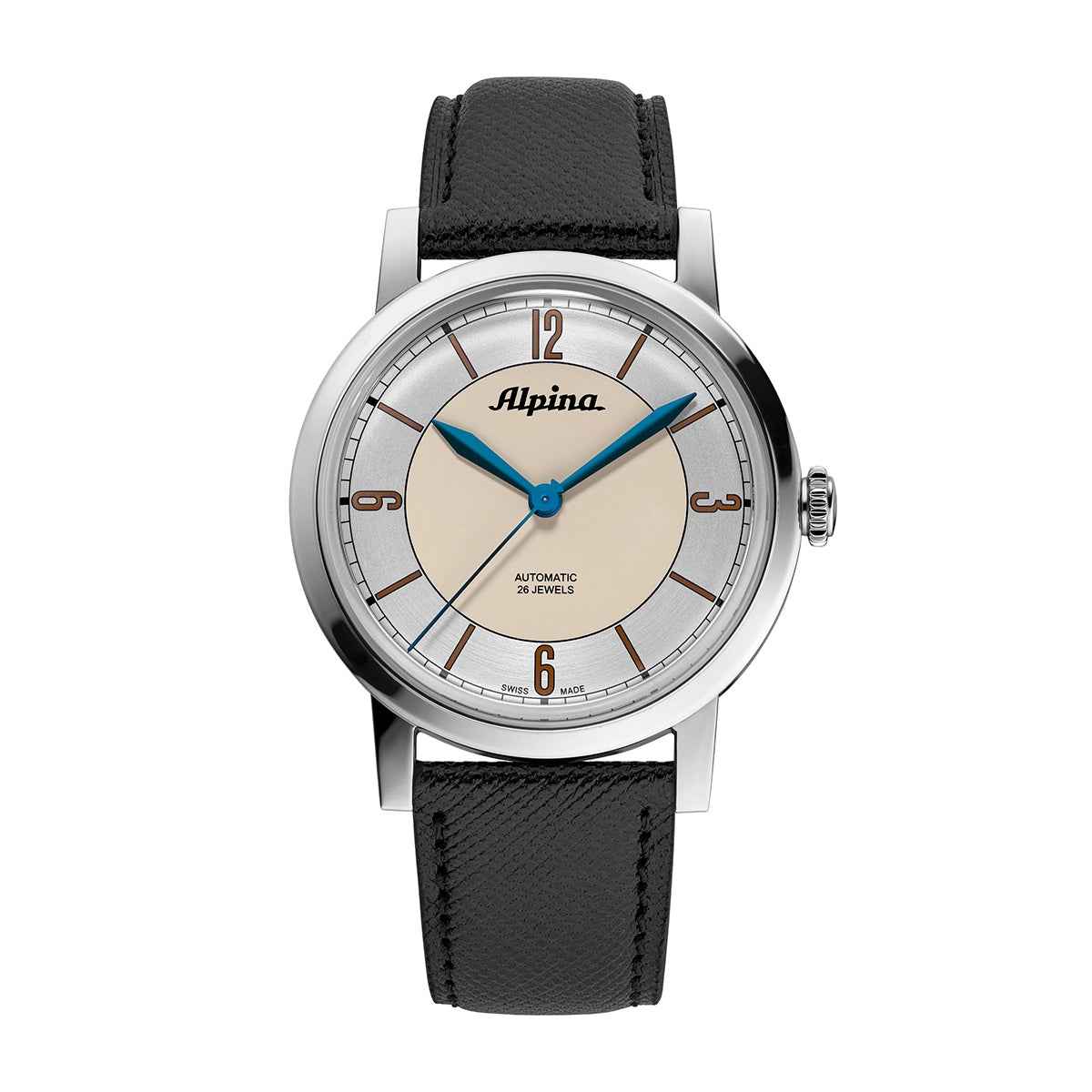 Alpina Heritage Automatic Stainless Steel Watch with Silver & Beige Dial & Black Leather Strap