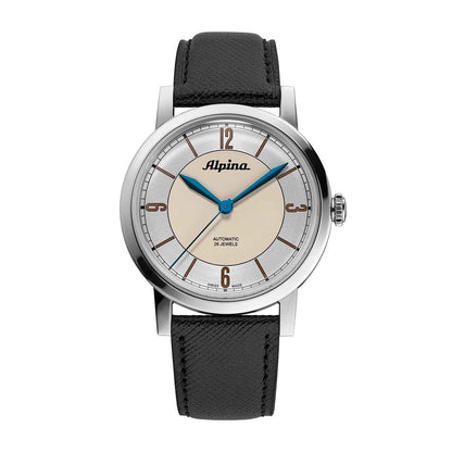 Alpina Heritage Automatic Stainless Steel Watch with Silver & Beige Dial & Black Leather Strap
