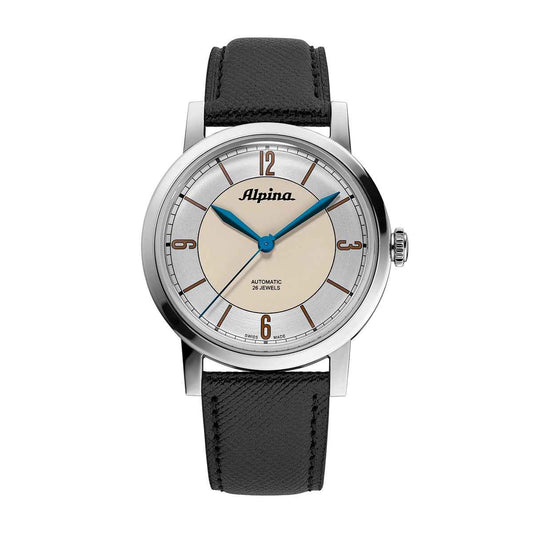 Alpina Heritage Automatic Stainless Steel Watch with Silver & Beige Dial & Black Leather Strap