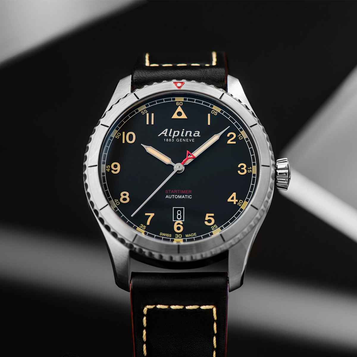 Alpina Men's Startimer Pilot Automatic Stainless Steel Watch with Black Dial & Leather Strap side profile