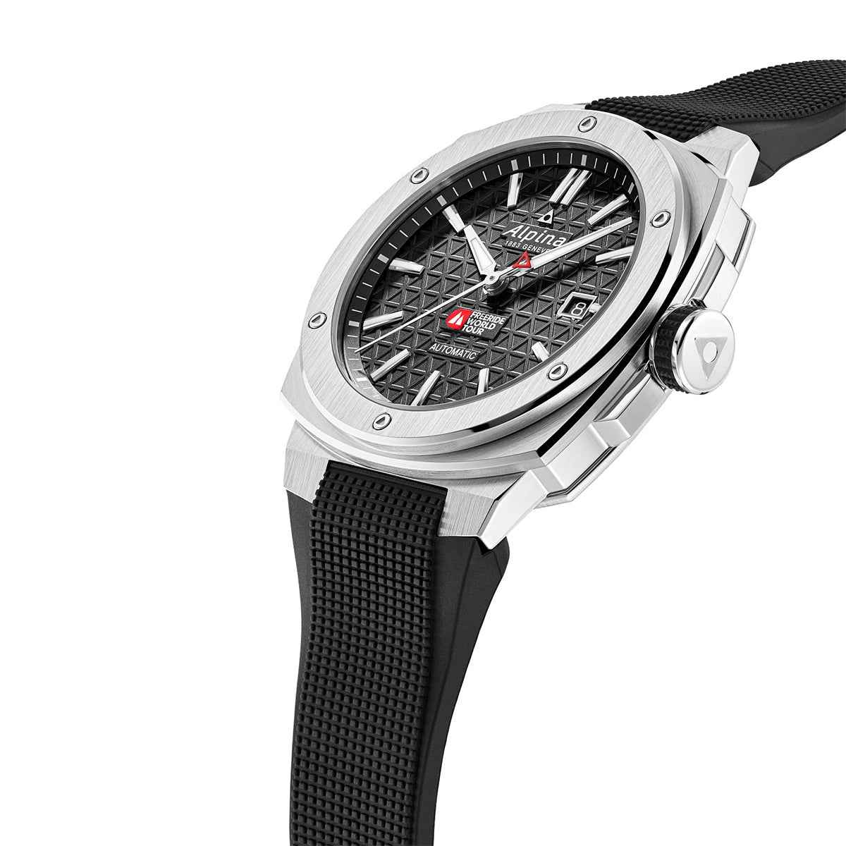 Alpina Men's Alpiner Extreme Freeride Automatic Stainless Steel Watch with Black Dial & Rubber Strap front view