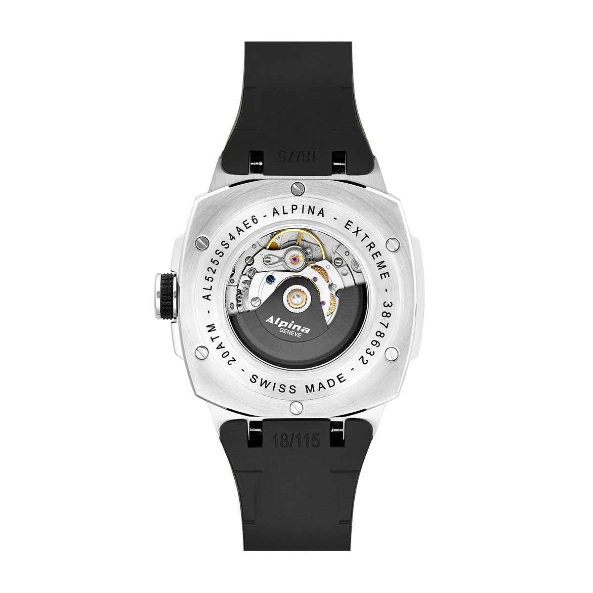 Alpina Men's Alpiner Extreme Freeride Automatic Stainless Steel Watch with Black Dial & Rubber Strap close-up detail