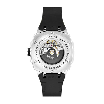 Alpina Men's Alpiner Extreme Freeride Automatic Stainless Steel Watch with Black Dial & Rubber Strap close-up detail