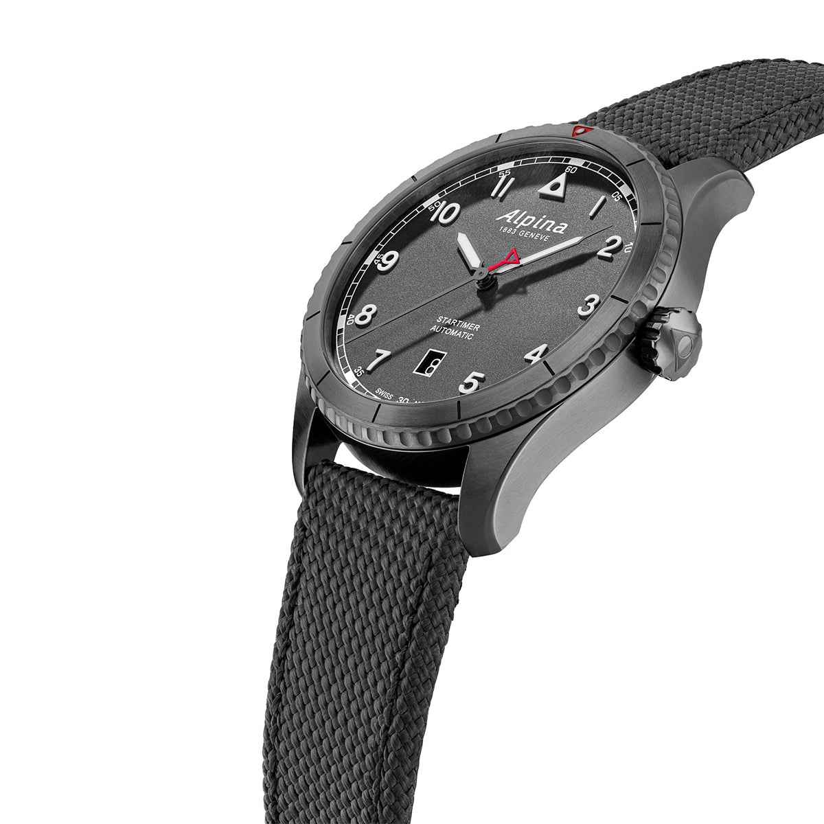Alpina Men's Startimer Pilot Automatic Black Stainless Steel Watch with Gray Dial & Rubber Strap front view