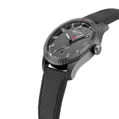 Alpina Men's Startimer Pilot Automatic Black Stainless Steel Watch with Gray Dial & Rubber Strap front view