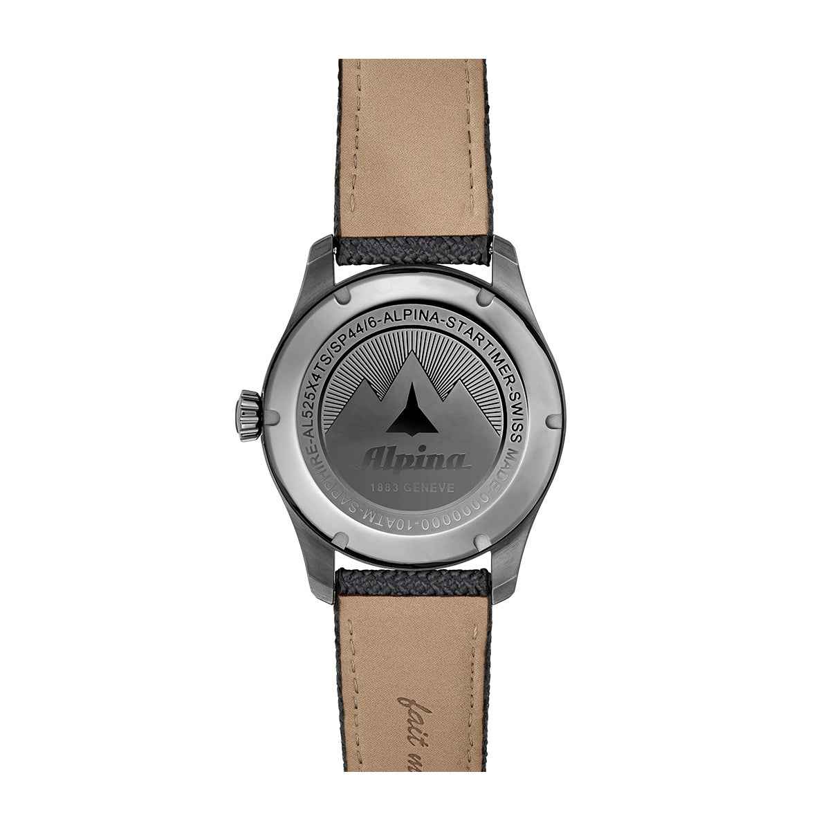 Alpina Men's Startimer Pilot Automatic Black Stainless Steel Watch with Gray Dial & Rubber Strap close-up detail