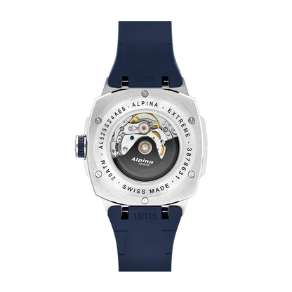 Alpina Men's Alpiner Extreme Automatic Stainless Steel Watch with Blue Dial & Rubber Strap close-up detail