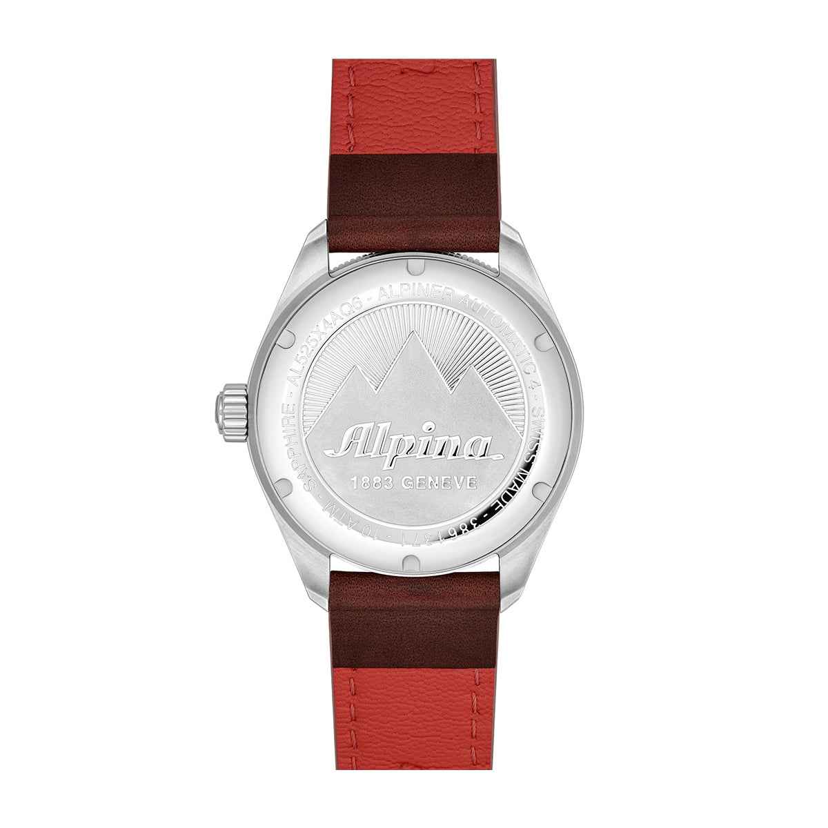 Alpina Men's Alpiner 4 Automatic Stainless Steel Watch with Blue Dial & Brown Leather Strap close-up detail