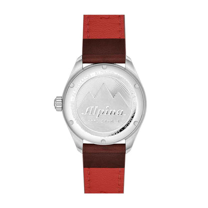 Alpina Men's Alpiner 4 Automatic Stainless Steel Watch with Blue Dial & Brown Leather Strap close-up detail