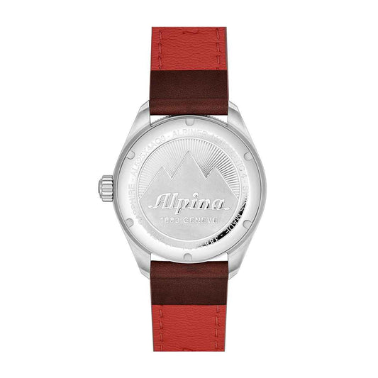 Alpina Men's Alpiner 4 Automatic Stainless Steel Watch with Blue Dial & Brown Leather Strap close-up detail