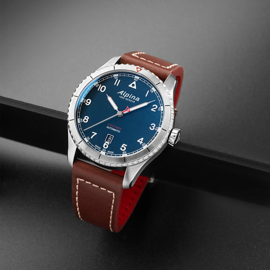 Alpina Men's Startimer Pilot Automatic Stainless Steel Watch with Blue Dial & Brown Leather Strap side profile