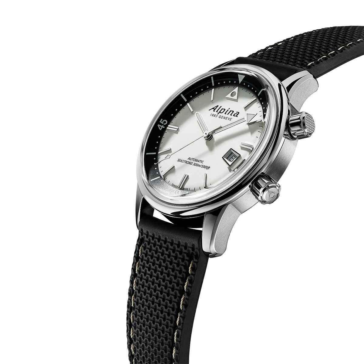 Alpina Men's Heritage Diver 300 Automatic Stainless Steel Watch with Silver Dial & Black Rubber Strap front view