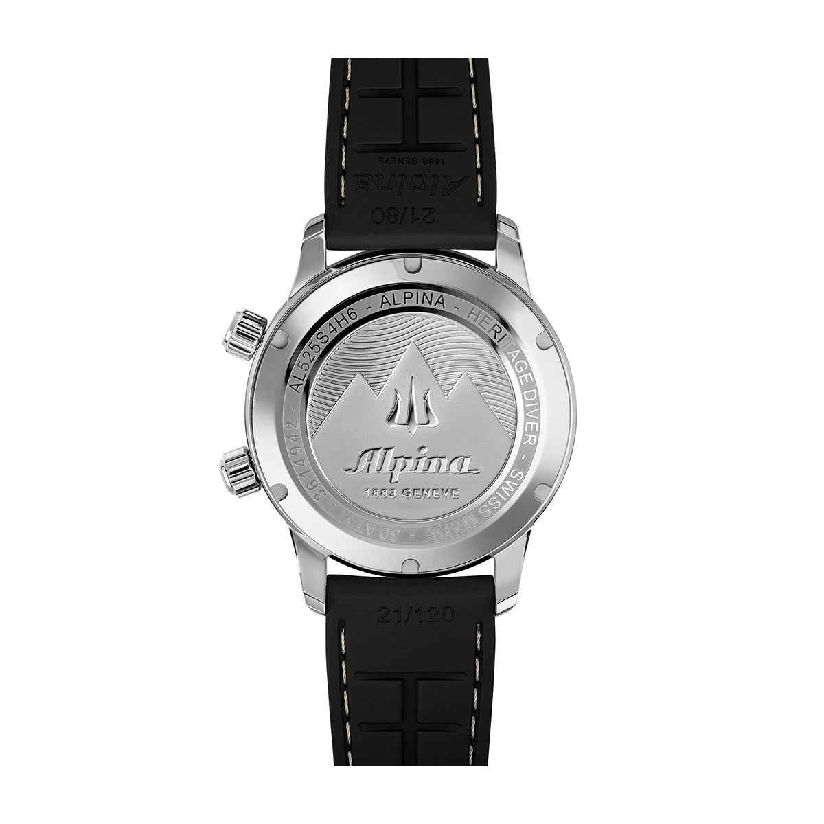 Alpina Men's Heritage Diver 300 Automatic Stainless Steel Watch with Silver Dial & Black Rubber Strap close-up detail