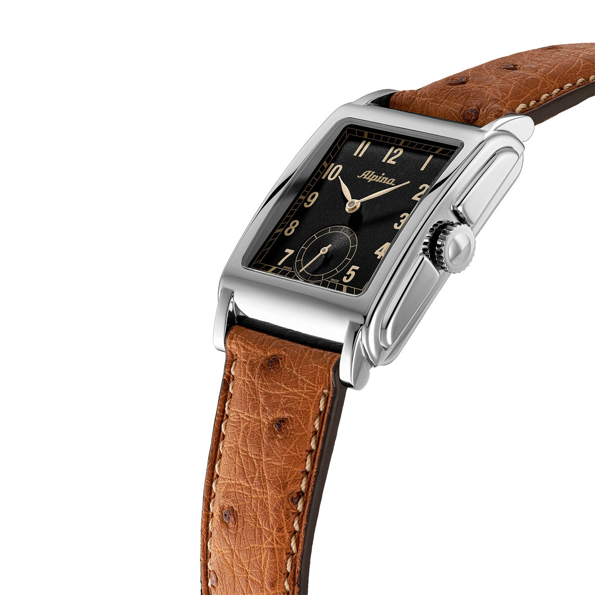 Alpina Heritage Carree Automatic Stainless Steel Watch with Black Dial & Brown Leather Strap front view