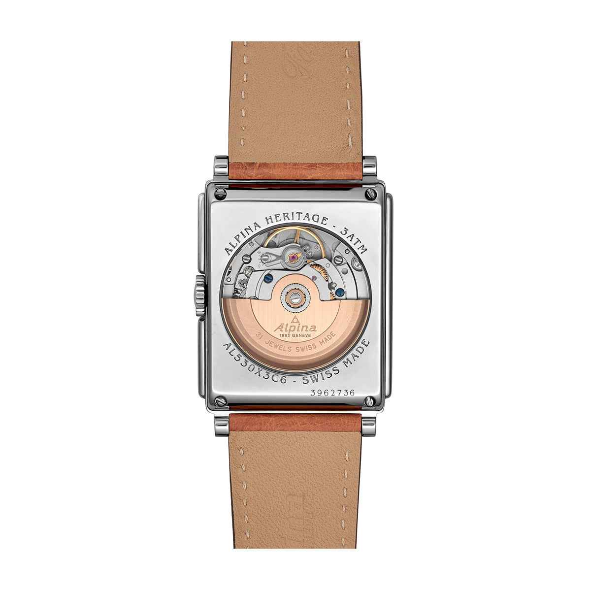 Alpina Heritage Carree Automatic Stainless Steel Watch with Black Dial & Brown Leather Strap close-up detail