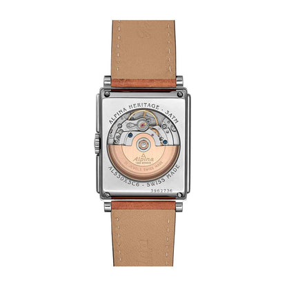 Alpina Heritage Carree Automatic Stainless Steel Watch with Black Dial & Brown Leather Strap close-up detail