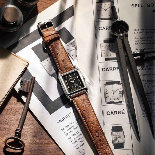 Alpina Heritage Carree Automatic Stainless Steel Watch with Black Dial & Brown Leather Strap side profile