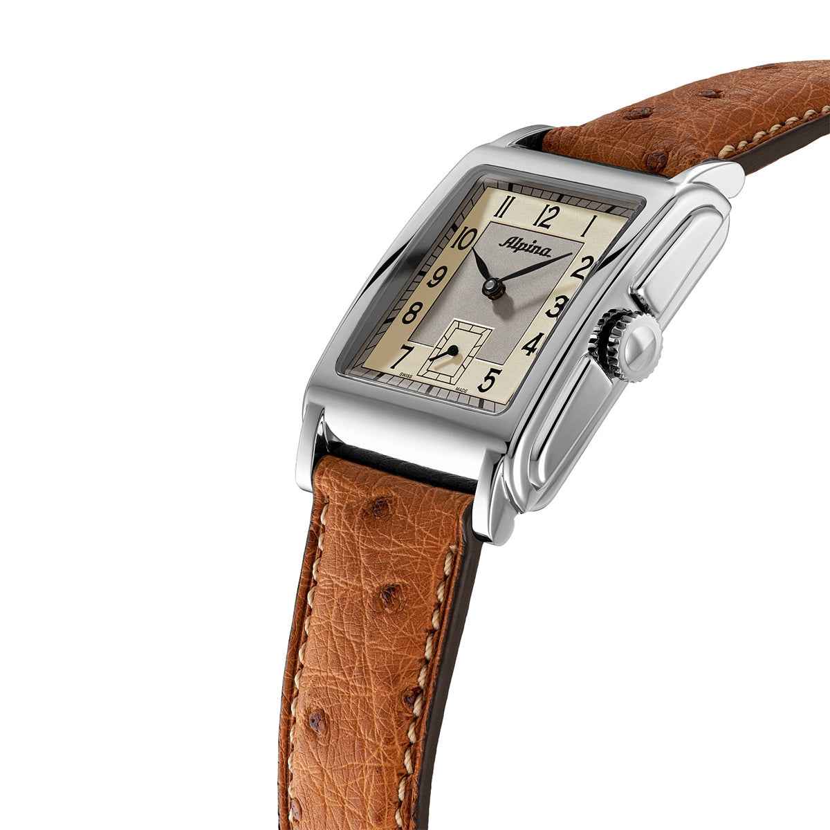 Alpina Heritage Carree Automatic Stainless Steel Watch with Silver Dial & Brown Leather Strap front view