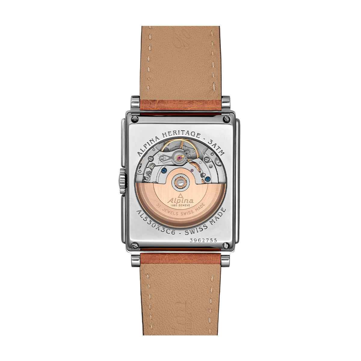 Alpina Heritage Carree Automatic Stainless Steel Watch with Silver Dial & Brown Leather Strap close-up detail