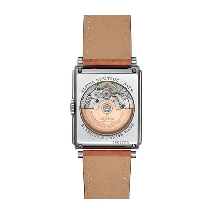 Alpina Heritage Carree Automatic Stainless Steel Watch with Silver Dial & Brown Leather Strap close-up detail
