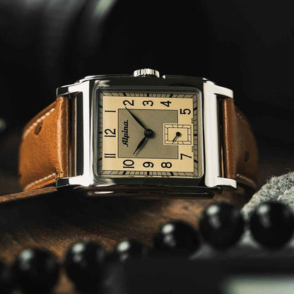 Alpina Heritage Carree Automatic Stainless Steel Watch with Silver Dial & Brown Leather Strap side profile