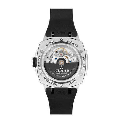 Alpina Men's Alpiner Extreme Regulator Automatic Stainless Steel Watch with Black Dial & Rubber Strap close-up detail