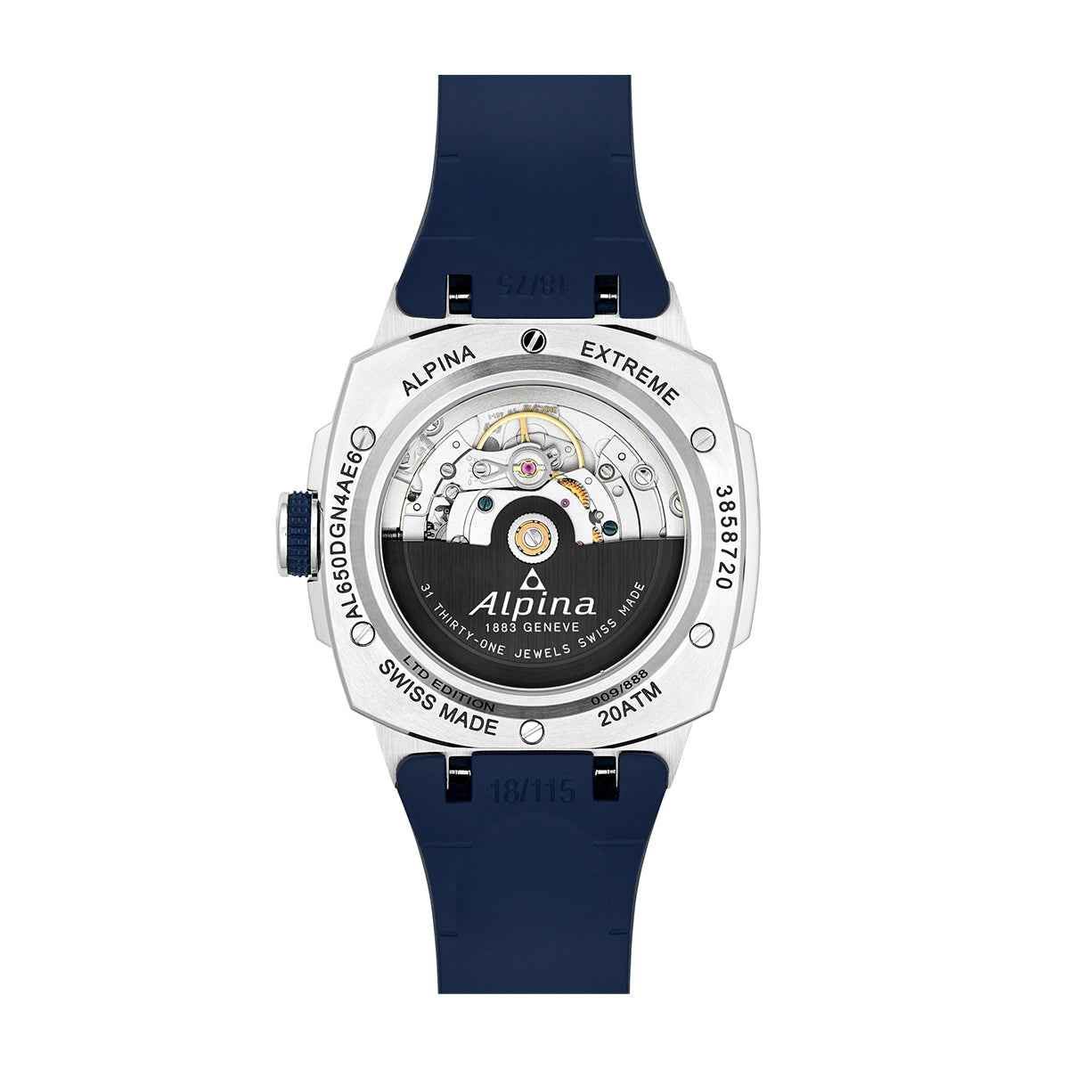 Alpina Men's Alpiner Extreme Regulator Automatic Stainless Steel Watch with Gray Dial & Blue Rubber Strap close-up detail