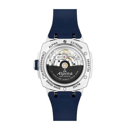 Alpina Men's Alpiner Extreme Regulator Automatic Stainless Steel Watch with Gray Dial & Blue Rubber Strap close-up detail