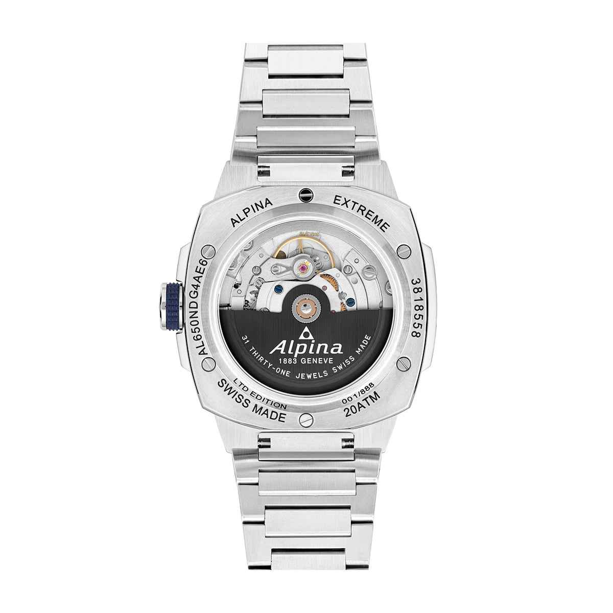 Alpina Men's Alpiner Extreme Regulator Automatic Stainless Steel Watch with Blue Dial close-up detail