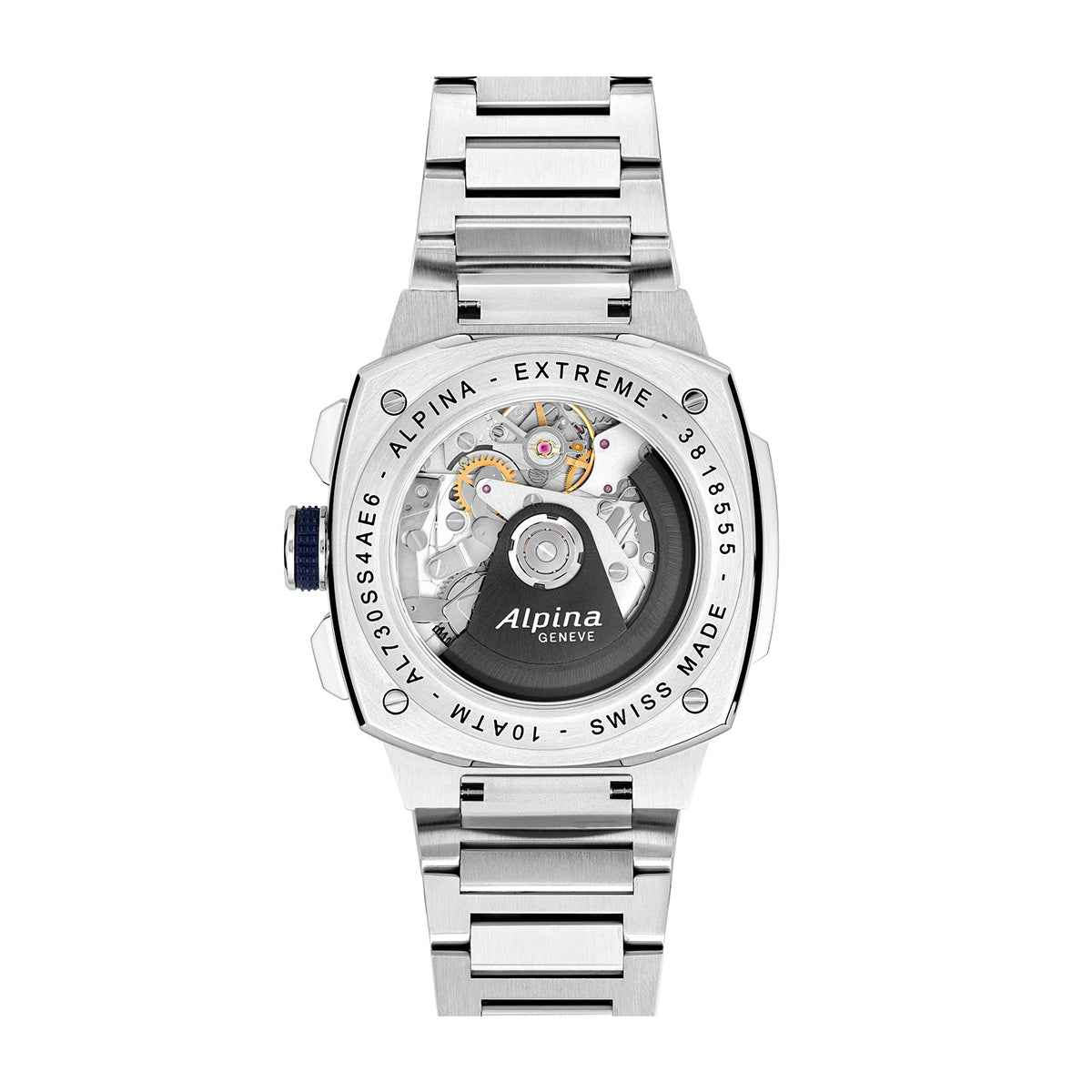Alpina Men's Alpiner Extreme Chronograph Automatic Stainless Steel Watch with Blue Dial close-up detail