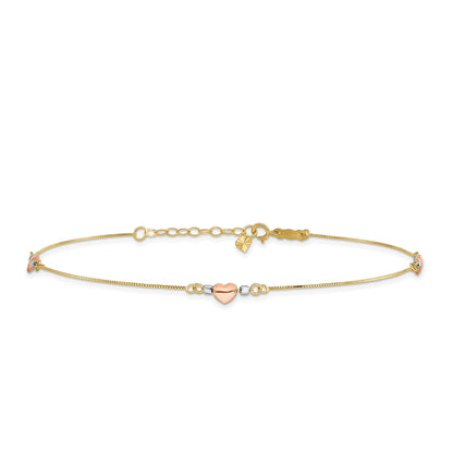 9-inch Adjustable Puffed Heart Ankle Bracelet in Tri-Tone Gold