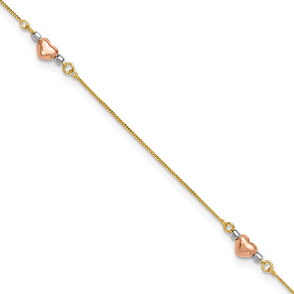 9-inch Adjustable Puffed Heart Ankle Bracelet in Tri-Tone Gold front view