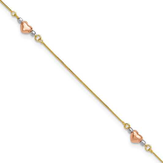 9-inch Adjustable Puffed Heart Ankle Bracelet in Tri-Tone Gold front view