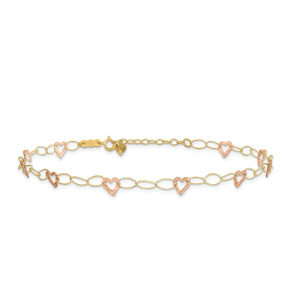 9-inch Adjustable Open Heart Link Ankle Bracelet in 14K Yellow & Pink Gold