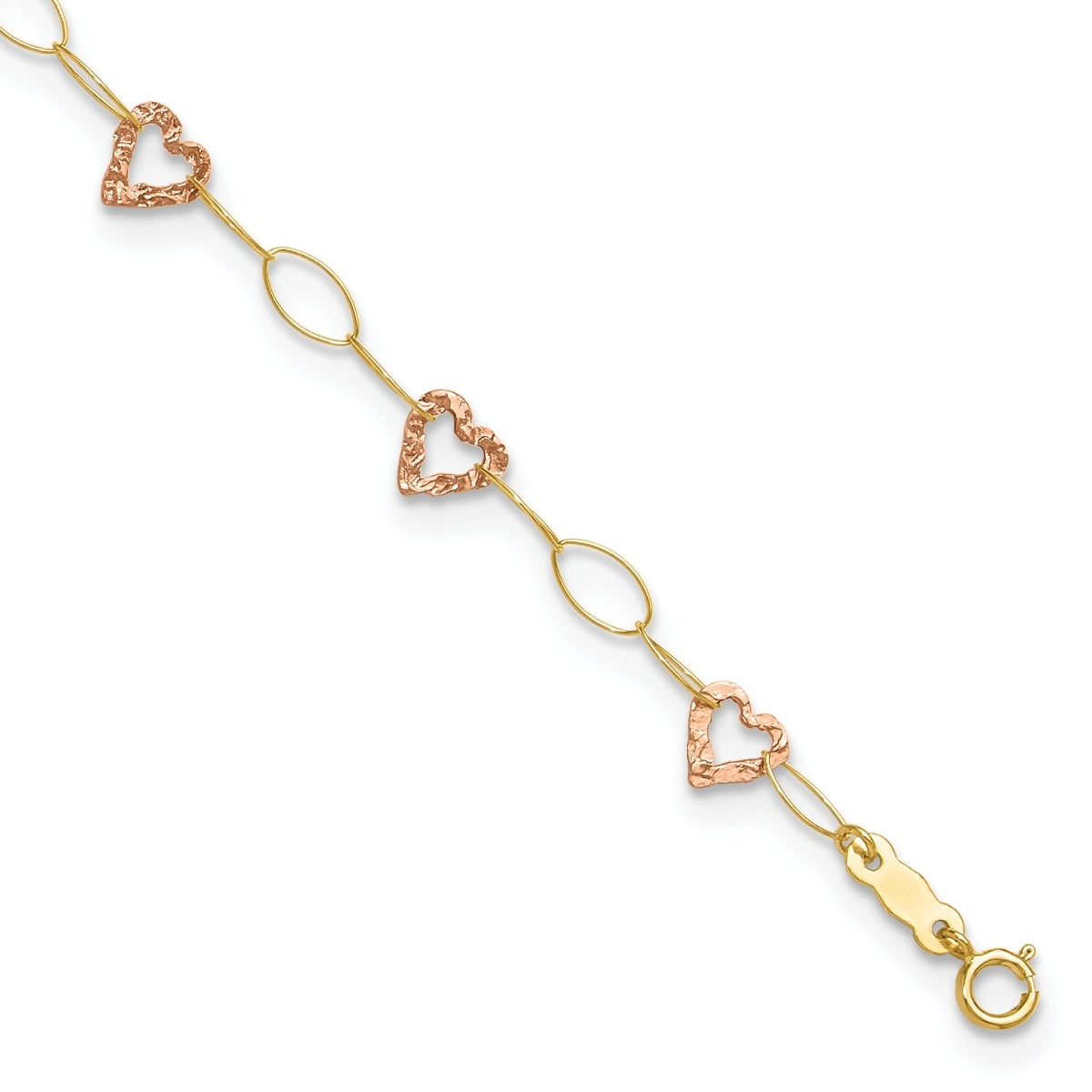 9-inch Adjustable Open Heart Link Ankle Bracelet in 14K Yellow & Pink Gold front view