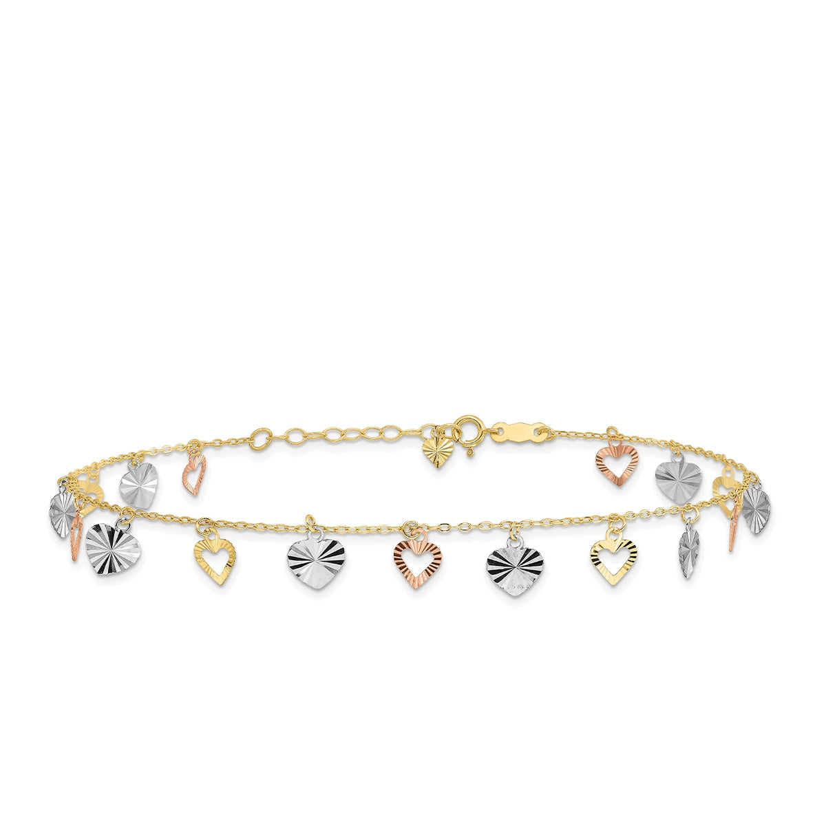 inch9 Adjustable Heart Charm Ankle Bracelet in Tri-Tone Gold