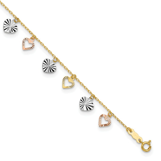 inch9 Adjustable Heart Charm Ankle Bracelet in Tri-Tone Gold front view