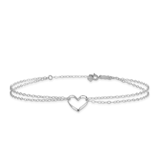 9-inch Adjustable Open Heart Double Strand Ankle Bracelet in 14K White Gold