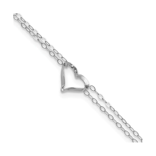 9-inch Adjustable Open Heart Double Strand Ankle Bracelet in 14K White Gold front view