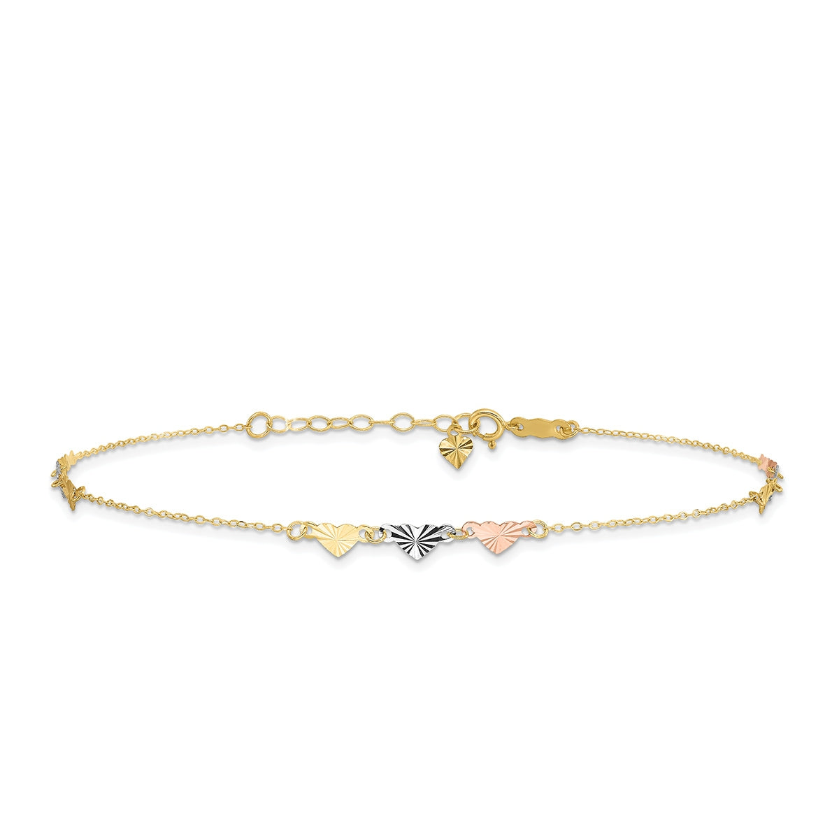 9-inch Adjustable Diamond Cut Heart Ankle Bracelet in Tri-Tone Gold
