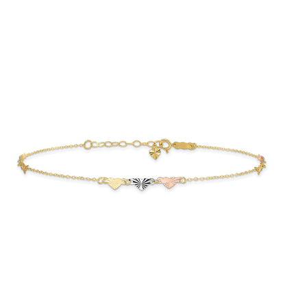 9-inch Adjustable Diamond Cut Heart Ankle Bracelet in Tri-Tone Gold