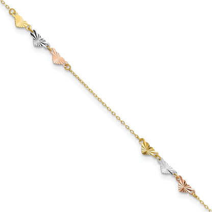 9-inch Adjustable Diamond Cut Heart Ankle Bracelet in Tri-Tone Gold front view