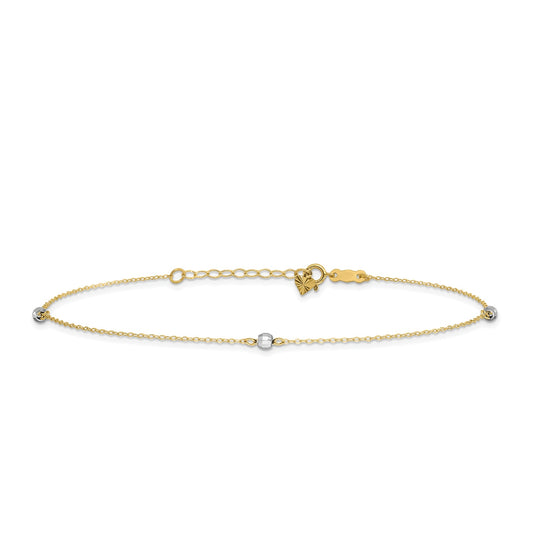 9-inch Adjustable Mirror Bead Ankle Bracelet in 14K Yellow & White Gold